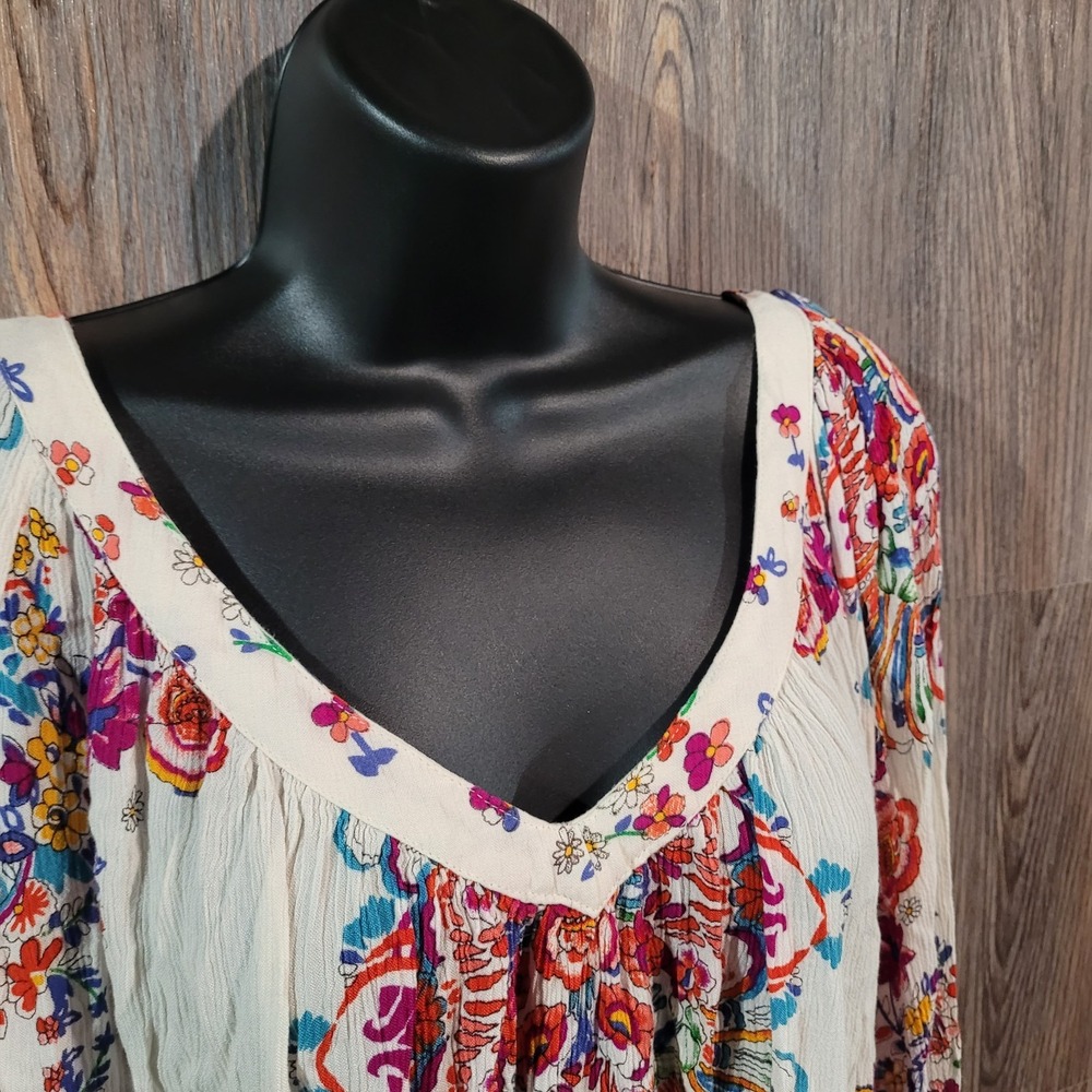 Bila Boho Floral Peasant Blouse XXL 2XL Ivory Multi Deep V-Neck 3/4 Balloon Slv - Picture 3 of 10